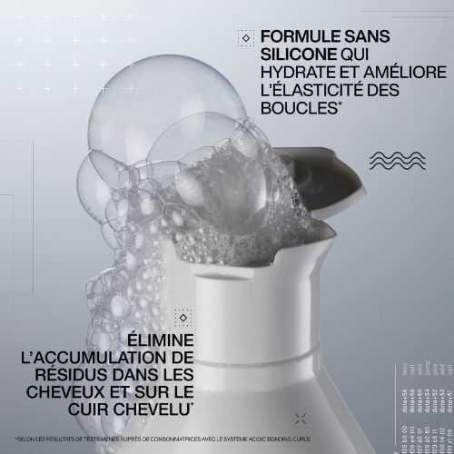 Bouteille ouverte REDKEN Acidic Bonding Curls avec mousse et texte indiquant formule sans silicone qui hydrate et améliore l’élasticité des boucles.
