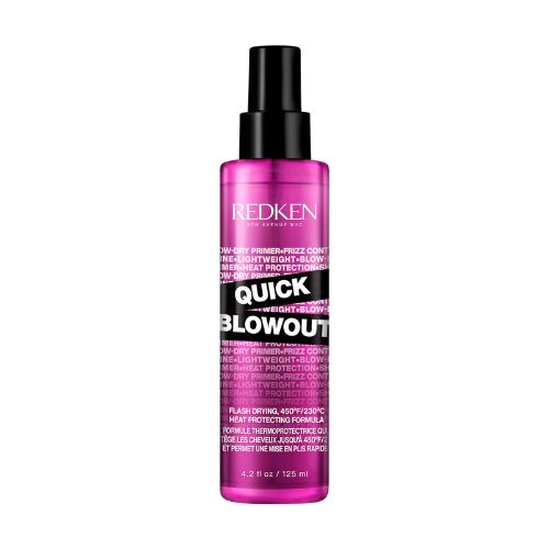 Flacon spray REDKEN Quick Blowout rose transparent 125 ml avec pompe noire, spray thermo-protecteur pour séchage rapide des cheveux sur fond blanc.