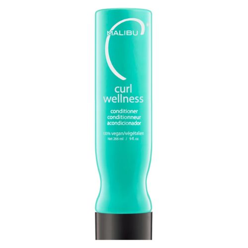 Revitalisant cheveux bouclés Malibu C 266 ml – bouteille blanche avec étiquette turquoise et violet, fini mat, posée sur fond blanc. Produit capillaire hydratant et démêlant sans sulfates, idéal pour cheveux frisés et bouclés.