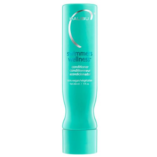 bouteille turquoise avec écriture blanche, fini mat, posée sur fond blanc. Soin capillaire hydratant post-natation pour cheveux exposés au chlore. Sans parfum, végane et doux pour la couleur.