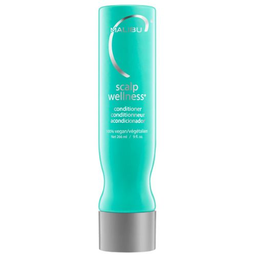 Revitalisant Malibu C Scalp Wellness 266 ml – bouteille blanche avec étiquette turquoise  fini mat, posée sur fond blanc. Soin hydratant doux pour cuir chevelu sensible, végane et sans parfum.