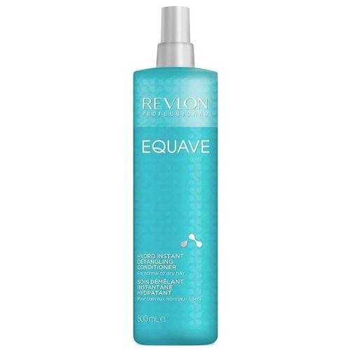 Grand flacon REVLON Equave Hydro Nutritif 500 ml, soin démêlant bifasé sans rinçage pour cheveux secs ou colorés, bouteille bleue et blanche avec vaporisateur, format professionnel sur fond blanc.