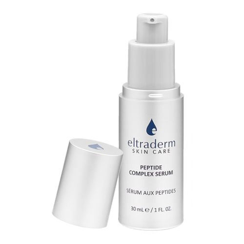 Sérum aux Peptides ELTRADERM Skin Care 30 ml dans un flacon pompe argenté présenté sur fond blanc professionnel.