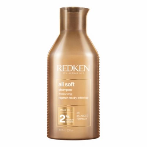Shampooing Redken All Soft format 300 ml en bouteille dorée, soin hydratant à l’huile d’argan pour cheveux secs et rêches, présenté sur fond blanc.