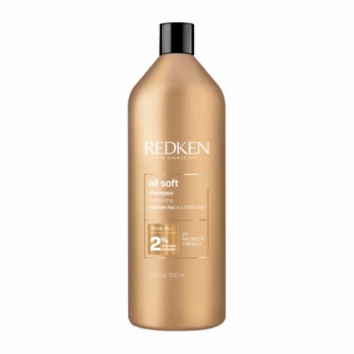 Shampooing Redken All Soft format 1 litre en bouteille dorée, soin hydratant à l’huile d’argan pour cheveux secs et rêches, présenté sur fond blanc.