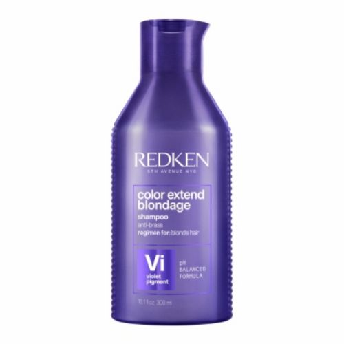 Shampooing Redken Color Extend Blondage format 300 ml  en bouteille violette, soin neutralisant aux pigments violets pour cheveux blonds, fond blanc.