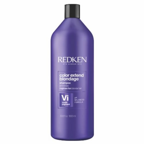 Shampooing Redken Color Extend Blondage 1 litre en bouteille violette, soin neutralisant aux pigments violets pour cheveux blonds, fond blanc.