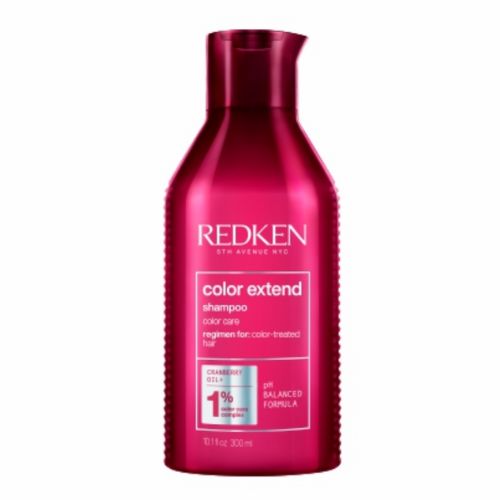 Shampooing Redken Color Extend format 300 ml en bouteille rouge, soin protecteur pour cheveux colorés, préserve la brillance et l’éclat de la couleur, fond blanc.
