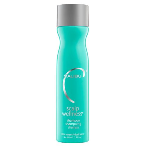 Shampoing Malibu C Scalp Wellness 266 ml – bouteille blanche avec étiquette turquoise  fini mat, posée sur fond blanc. Soin nettoyant doux pour cuir chevelu sensible ou irrité. Formule végane et sans sulfates.

