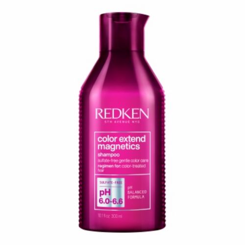 Flacon REDKEN Color Extend Magnetics shampoing 300 ml rose fuchsia avec bouchon assorti pour cheveux colorés sur fond blanc