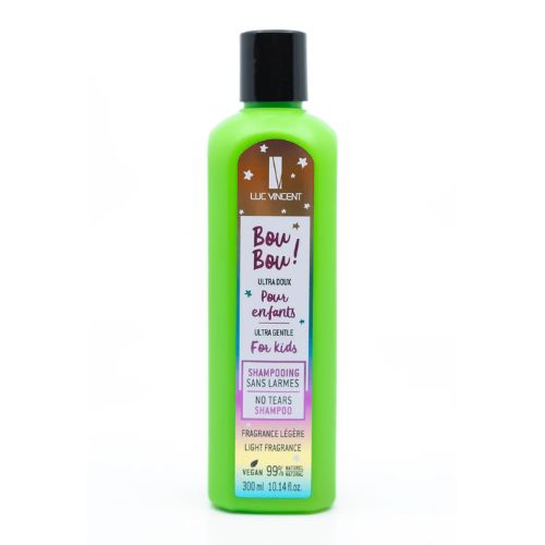 Flacon LUC VINCENT BOU BOU 300 ml, shampoing enfant sans larmes, étiquette blanche et bouteil verte, bouchon noir, formule douce et hypoallergène