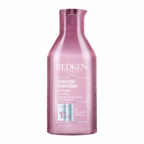 Bouteille rose métallique REDKEN Volume Injection shampooing volumisant 300 ml avec bouchon flip-top, soin pour cheveux fins et plats, fond blanc professionnel.