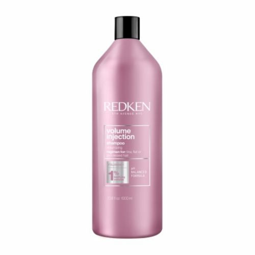 Grande bouteille rose métallique REDKEN Volume Injection shampooing volumisant format 1 litre avec bouchon noir, soin épaississant pour cheveux fins, fond blanc