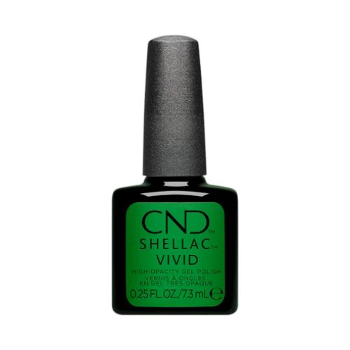 Flacon de vernis Shellac Collection Vivid, couleur intense, avec bouchon doux et pinceau applicateur plat.