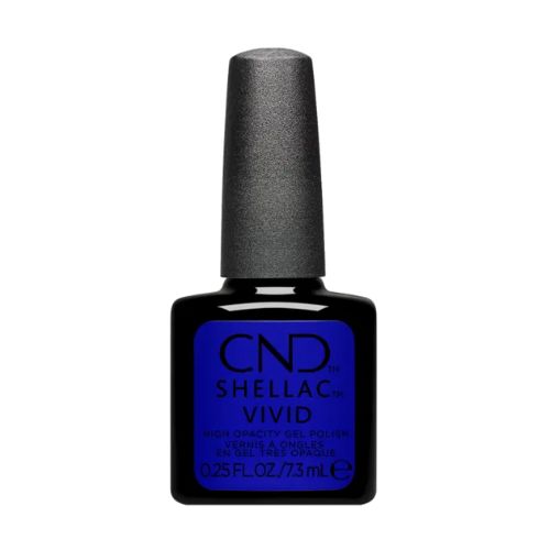 Flacon de vernis Shellac Collection Vivid, couleur intense, avec bouchon doux et pinceau applicateur plat.