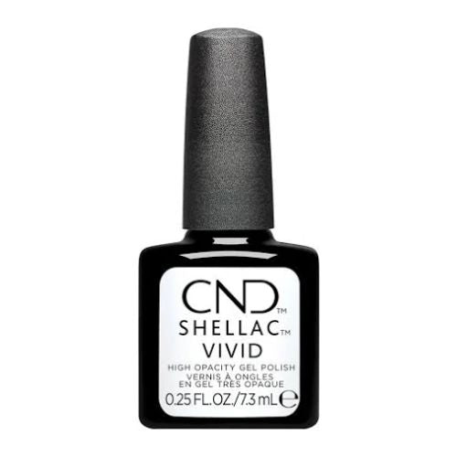 Flacon de vernis Shellac Collection Vivid, couleur intense, avec bouchon doux et pinceau applicateur plat.