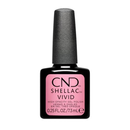 Flacon de vernis Shellac Collection Vivid, couleur intense, avec bouchon doux et pinceau applicateur plat.