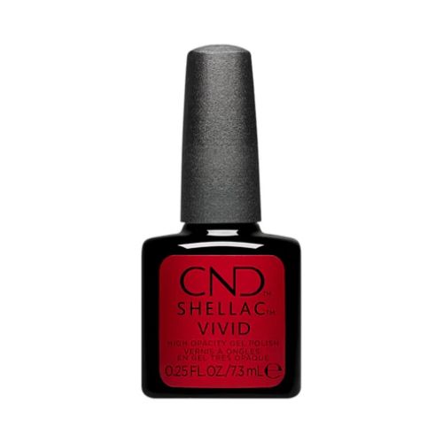 Flacon de vernis Shellac Collection Vivid, couleur intense, avec bouchon doux et pinceau applicateur plat.