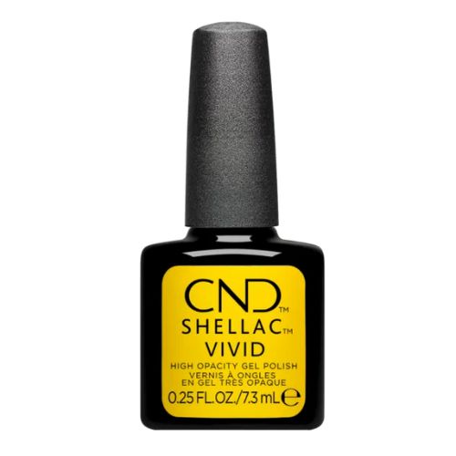Flacon de vernis Shellac Collection Vivid, couleur intense, avec bouchon doux et pinceau applicateur plat.