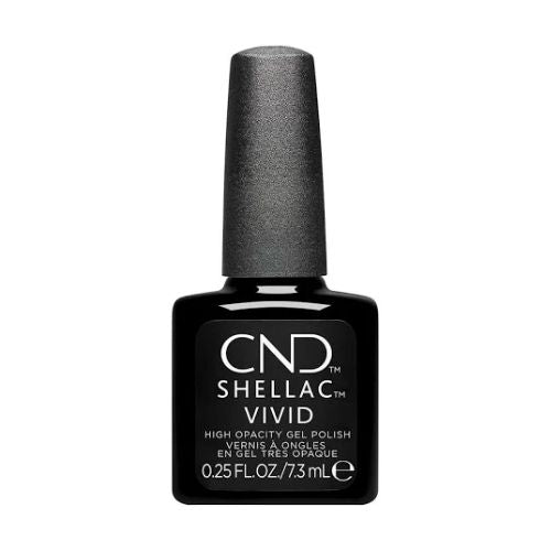 Flacon de vernis Shellac Collection Vivid, couleur intense, avec bouchon doux et pinceau applicateur plat.