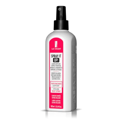Flacon LUC VINCENT Spray It Up! Volume 300 ml, vaporisateur volumisant pour cheveux fins, étiquette rouge et blanche, bouchon noir
