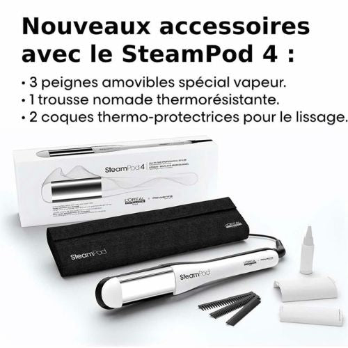 Contenu de la boîte SteamPod 4.0 : fer à lisser blanc, pochette noire thermorésistante, peignes amovibles, coques de protection, boîte d'emballage. Présentation élégante sur fond blanc, accessoires inclus visibles.