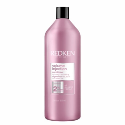 Grande bouteille rose métallique REDKEN Volume Injection après-shampoing volumisant 1 litre avec bouchon noir, soin professionnel pour cheveux fins et plats, fond blanc