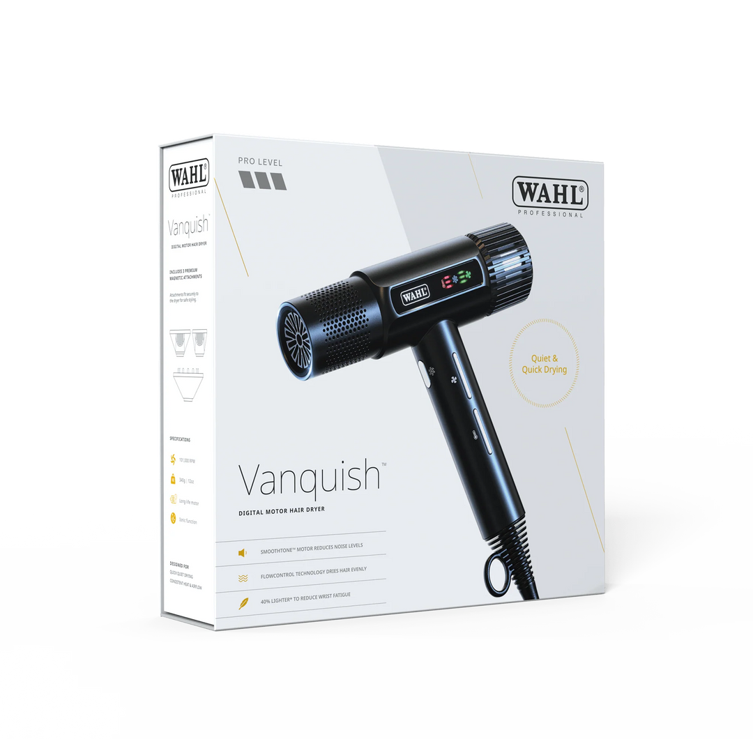 Boîte du séchoir WAHL Vanquish avec visuel du sèche-cheveux noir et mention “digital motor hair dryer”, emballage professionnel blanc avec détails techniques.