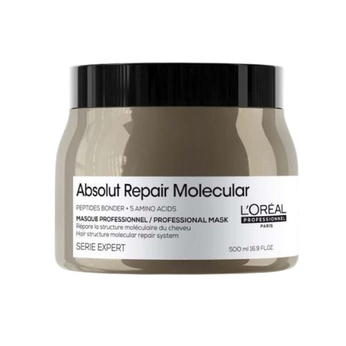 Masque capillaire L'Oréal Absolut Repair Molecular en pot doré, soin réparateur profond pour cheveux abîmés.