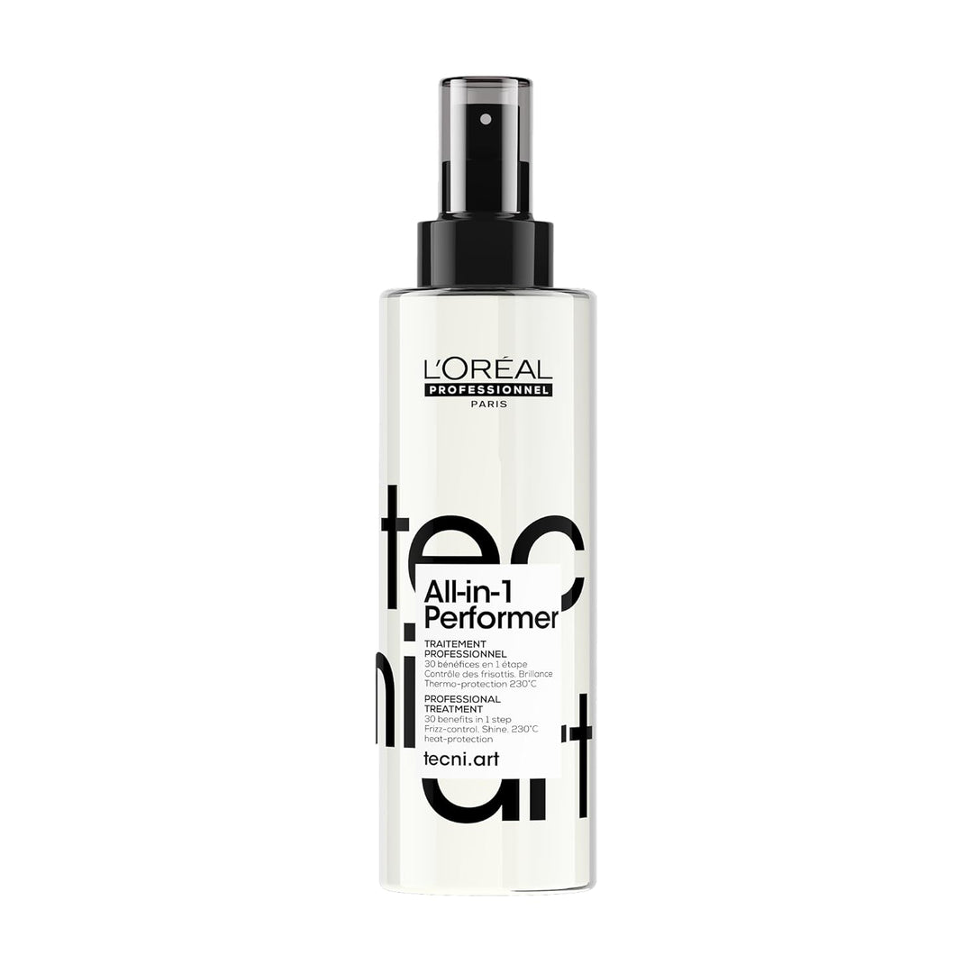 Flacon spray L’Oréal Professionnel Tecni.Art All-in-One Performer blanc avec pompe noire et capuchon transparent, soin coiffant multifonction sur fond blanc