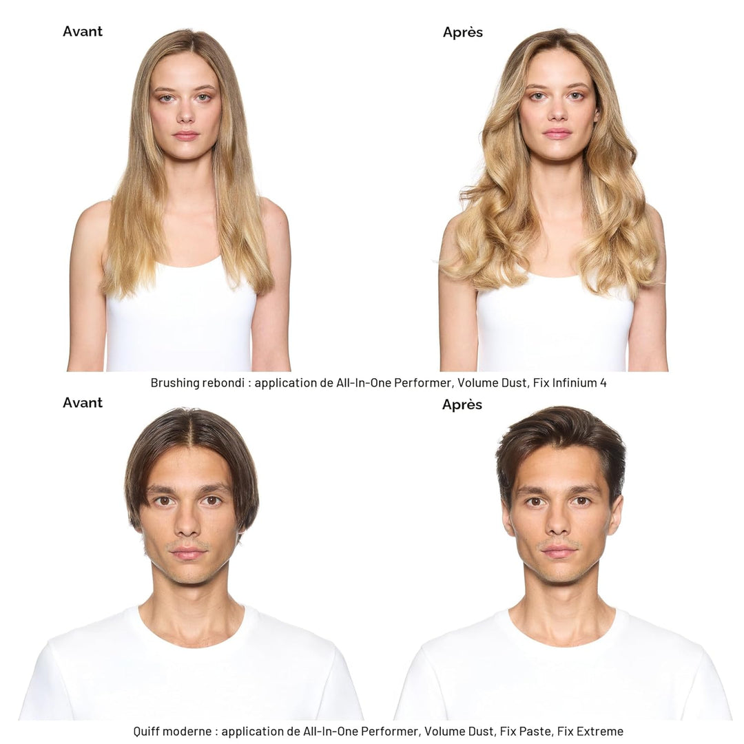 Résultats avant après avec le spray All-in-One Performer L’Oréal Professionnel, cheveux femme plus volumineux et brillants et coiffure homme structurée avec finition naturelle