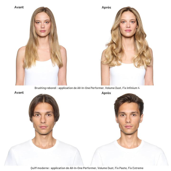 Résultats avant après avec le spray All-in-One Performer L’Oréal Professionnel, cheveux femme plus volumineux et brillants et coiffure homme structurée avec finition naturelle