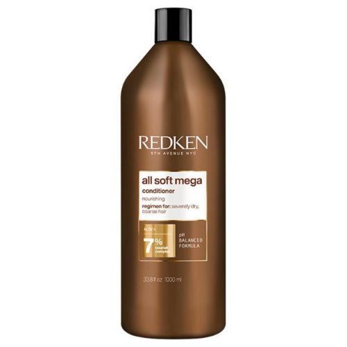 bouteille REDKEN All Soft Mega Curls après-shampoing 1000 ml brun cuivre avec étiquette blanche pour cheveux bouclés et très secs.