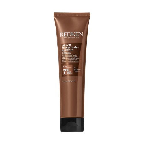 Tube brun REDKEN All Soft Mega Curls Hydramelt 150 ml avec bouchon noir, soin hydratant sans rinçage pour cheveux bouclés secs, fond blanc.