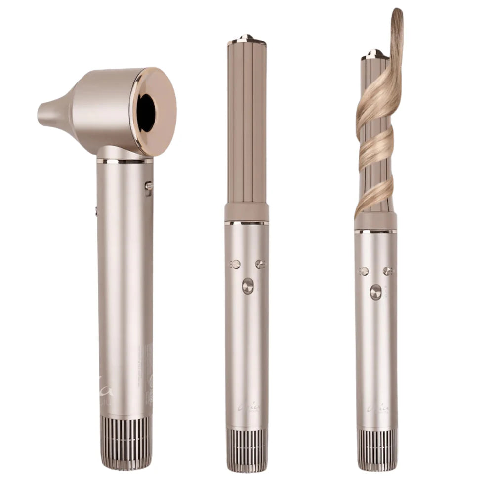 Ensemble ARIA Airstyler Blowout or brossé avec base coiffante et embouts interchangeables pour créer boucles, ondulations et volume sur tous les types de cheveux.