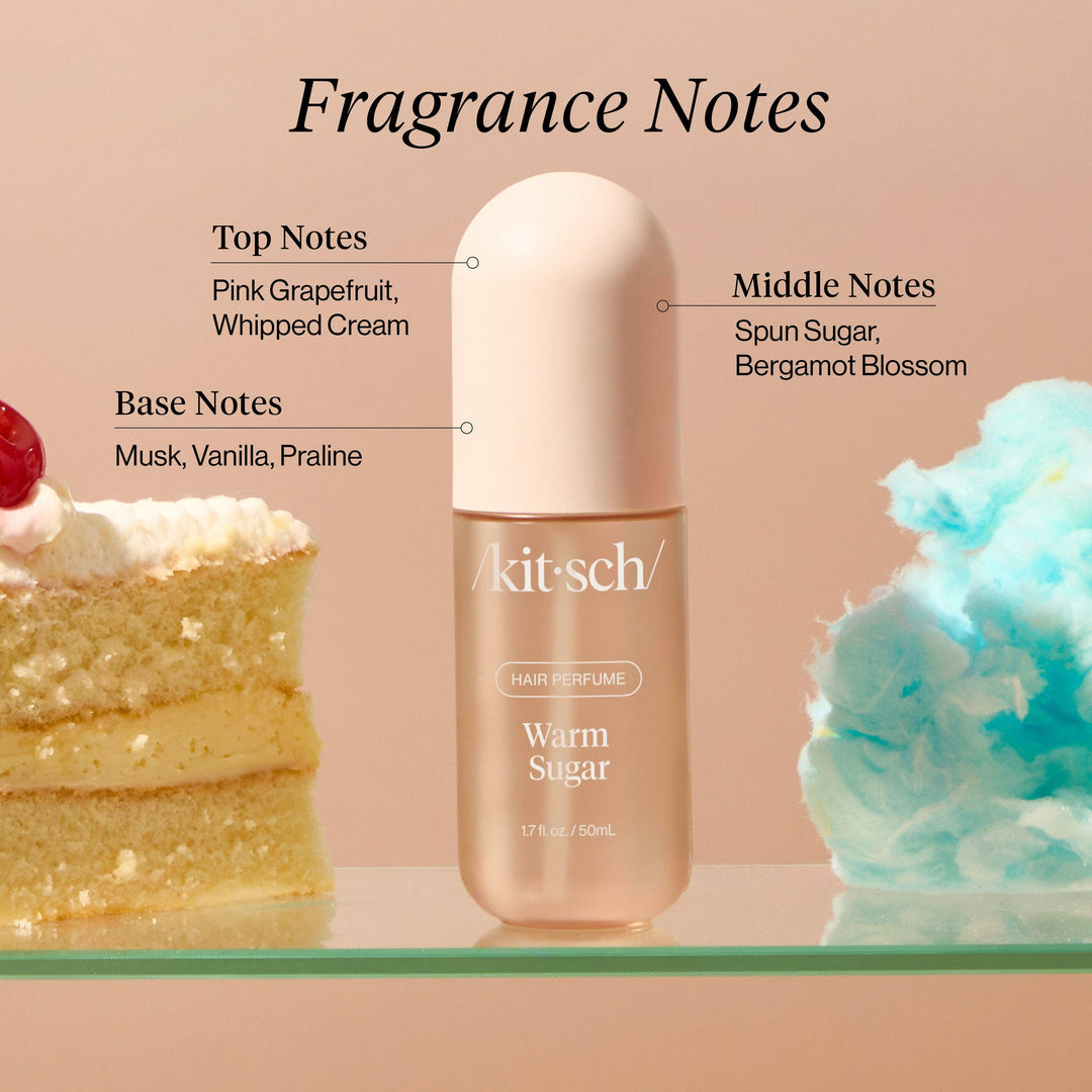 Parfum pour cheveux KITSCH Warm Sugar accompagné d'une présentation des notes olfactives avec gâteau, barbe à papa et description des accords gourmands.