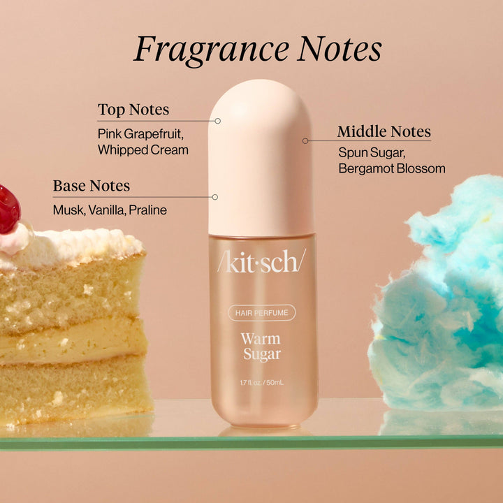 Parfum pour cheveux KITSCH Warm Sugar accompagné d'une présentation des notes olfactives avec gâteau, barbe à papa et description des accords gourmands.