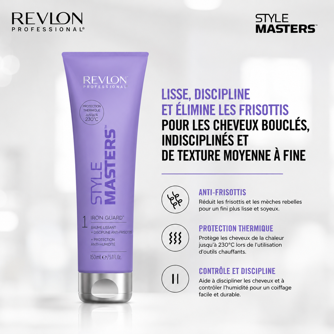 Affiche promotionnelle REVLON Smooth Iron Guard montrant un soin lissant anti-frisottis idéal pour cheveux bouclés, indisciplinés et moyens à fins.