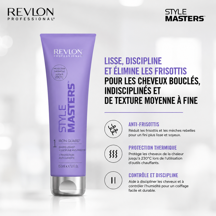 Affiche promotionnelle REVLON Smooth Iron Guard montrant un soin lissant anti-frisottis idéal pour cheveux bouclés, indisciplinés et moyens à fins.
