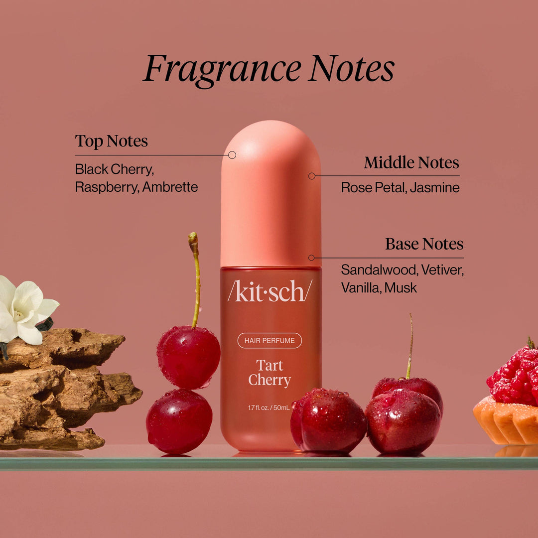 Parfum pour cheveux KITSCH Cerise Acidulée accompagné de cerises, framboises et illustration des notes olfactives : cerise noire, rose, jasmin, vanille, vétiver, musc et bois de santal.