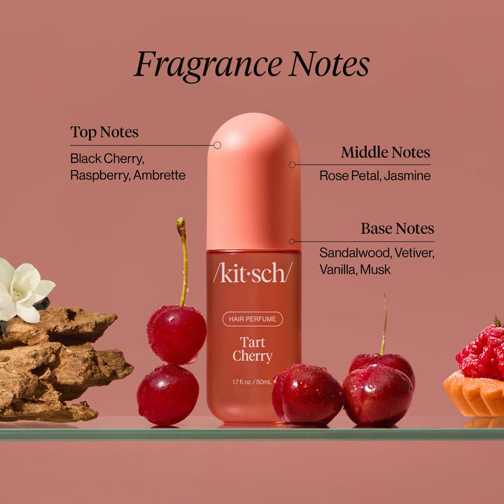 Parfum pour cheveux KITSCH Cerise Acidulée accompagné de cerises, framboises et illustration des notes olfactives : cerise noire, rose, jasmin, vanille, vétiver, musc et bois de santal.
