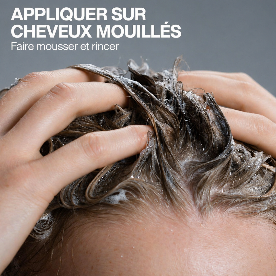 Application du shampoing Redken Acidic Grow Full sur cheveux mouillés, massage du cuir chevelu avec mousse légère pour nettoyer en douceur les cheveux fins.