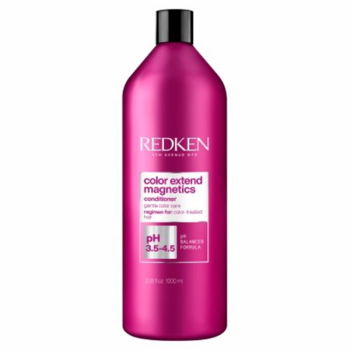 Bouteille REDKEN Color Extend Magnetics après-shampoing 1000 ml rose fuchsia avec bouchon noir pour cheveux colorés sur fond blanc.