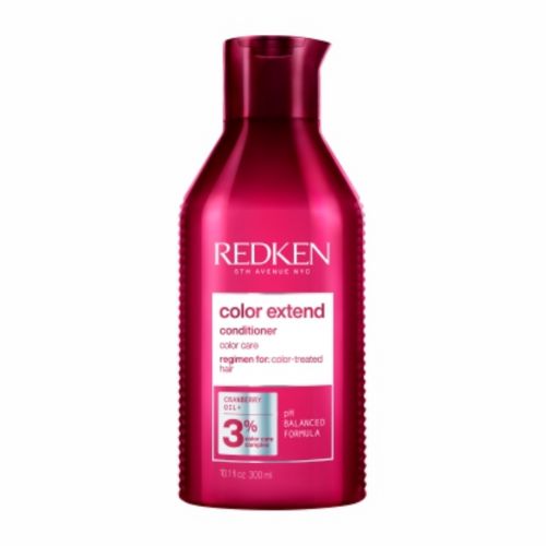 Après-shampooing Redken Color Extend format 300 ml en bouteille rouge, soin démêlant pour cheveux colorés, protège la couleur et apporte brillance, fond blanc.