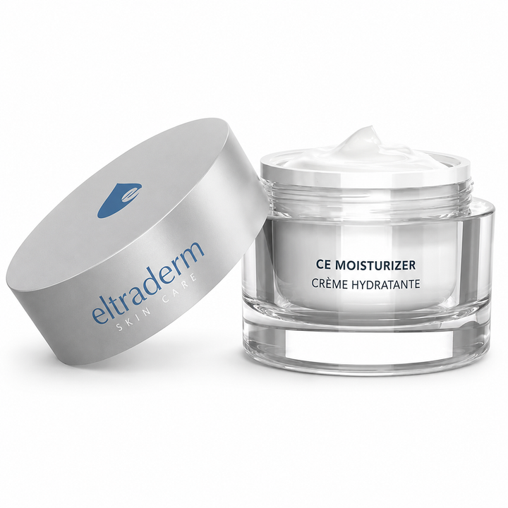 Crème Hydratante CE Eltraderm 50 ml en pot transparent avec couvercle argenté et emballage blanc et bleu, présentée sur fond blanc professionnel.
