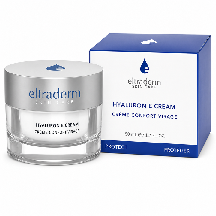 Crème hydratante Hyaluron E Eltraderm Skin Care 50 ml dans un pot en verre transparent avec couvercle argent satiné, accompagnée de sa boîte blanche et bleue.