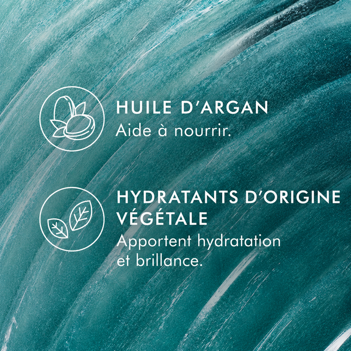 Illustration des ingrédients de la Crème Sculptante Moroccanoil mettant en avant l'huile d'argan nourrissante et les hydratants d'origine végétale pour des cheveux brillants et hydratés.