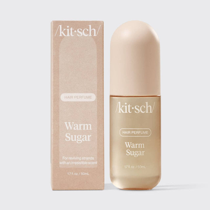 Boîte et flacon du parfum pour cheveux KITSCH Warm Sugar 50 ml KITSCH sur fond blanc, présentation produit officielle.