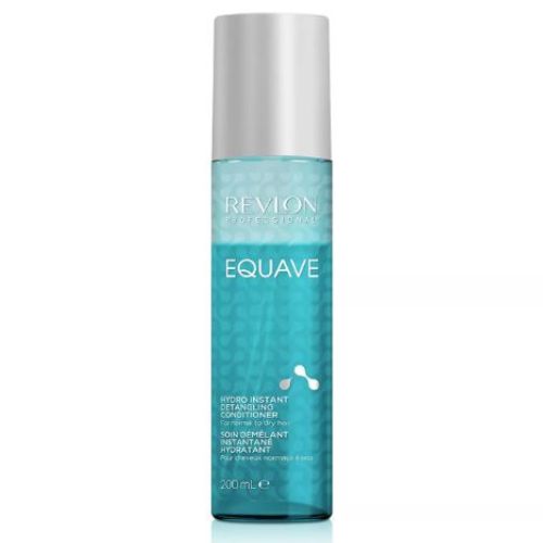 Grand flacon REVLON Equave Hydro Nutritif 200 ml, soin démêlant bifasé sans rinçage pour cheveux secs ou colorés, bouteille bleue et blanche avec vaporisateur, format professionnel sur fond blanc.