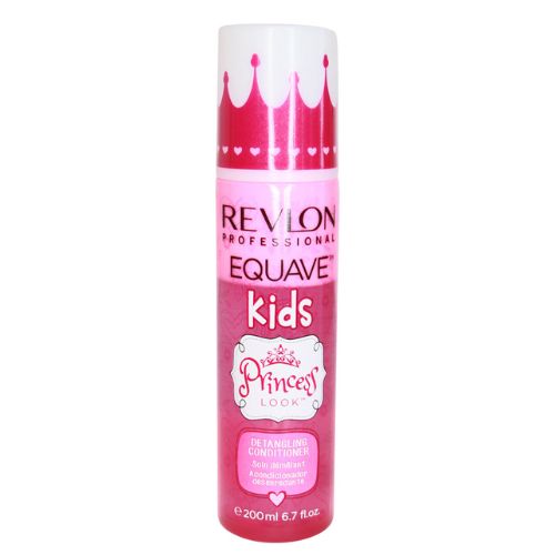 Flacon REVLON Equave Kids Princesse 200 ml, démêlant bifasé pour enfants, bouteille rose avec bouchon vaporisateur, sur fond blanc professionnel.